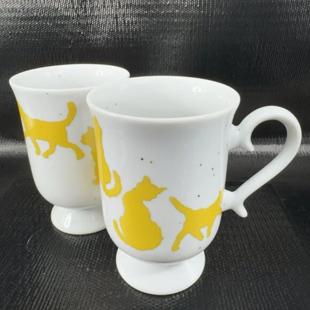 Silhouette‎ Speckled Yellow Cat Footed Pedestal Coffee Mugs Cups Set 2 Ceramic